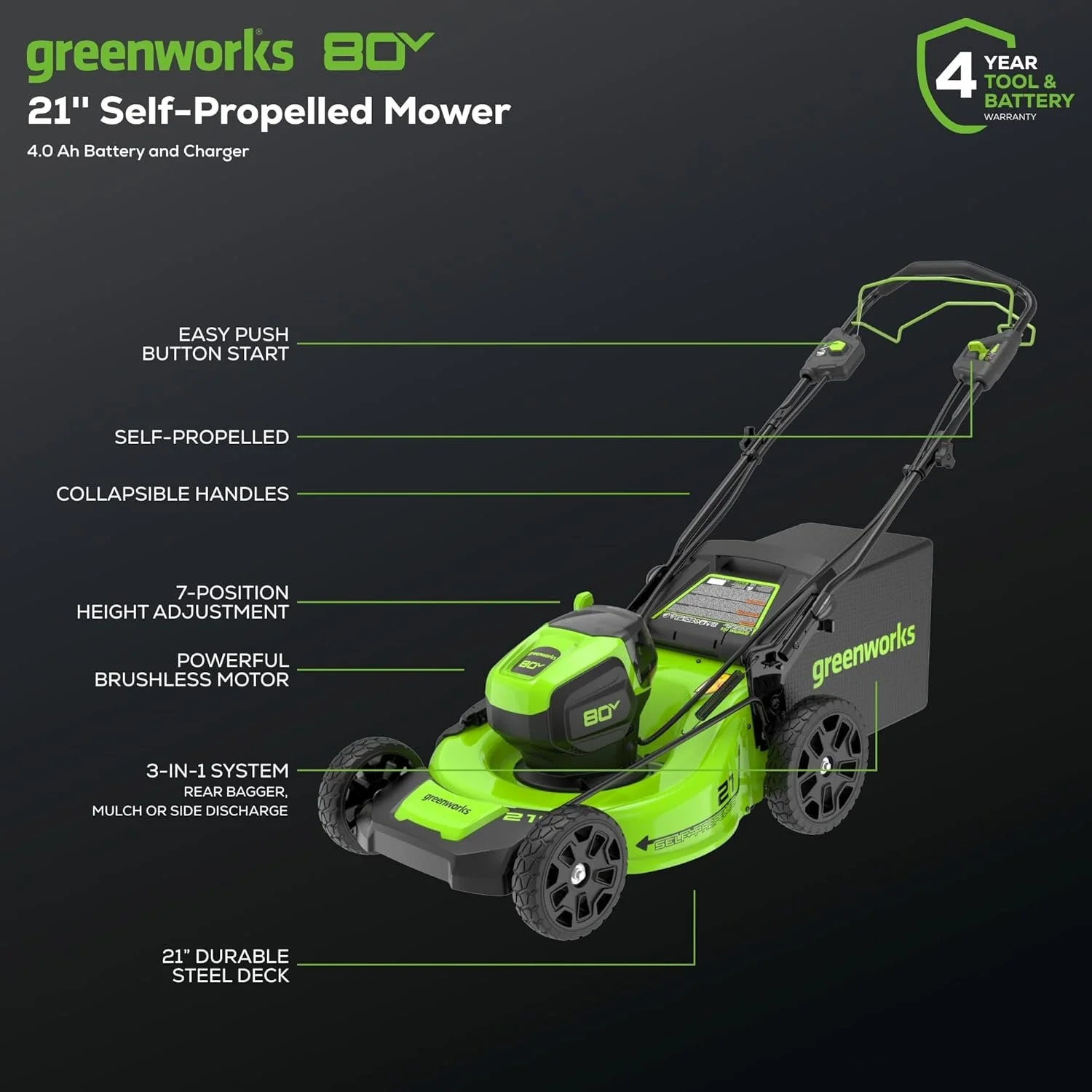 Alternative view of Greenworks 80V 21″ Cordless Self-Propelled Lawn Mowers.