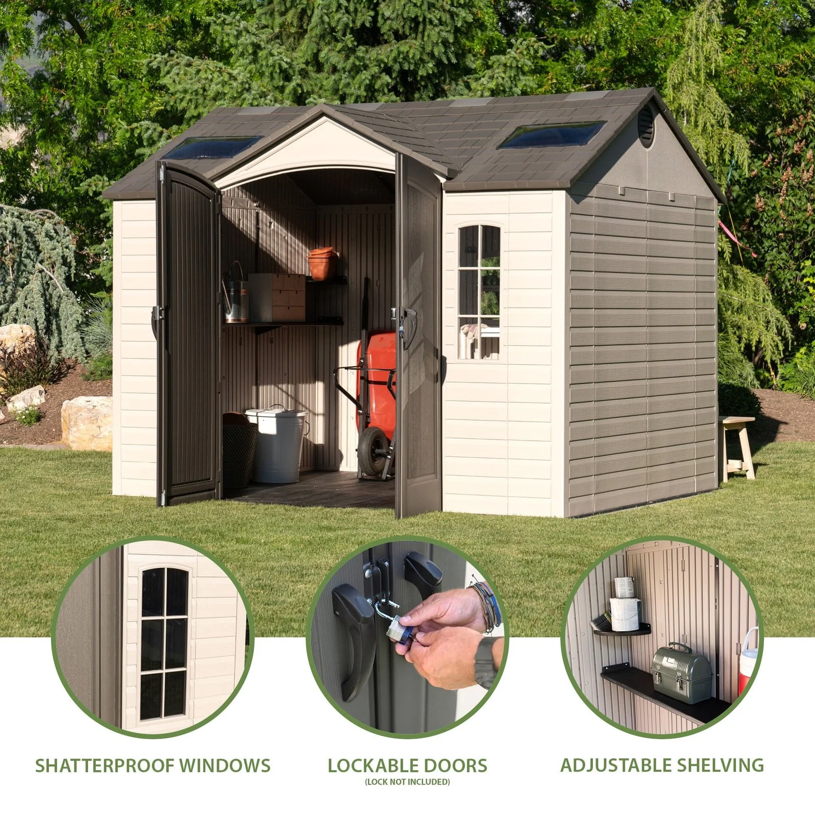 Alternative view of Lifetime Lockable Polyethylene Outdoor Storage Shed, 10′ x 8′, Tan & Browns (60005)